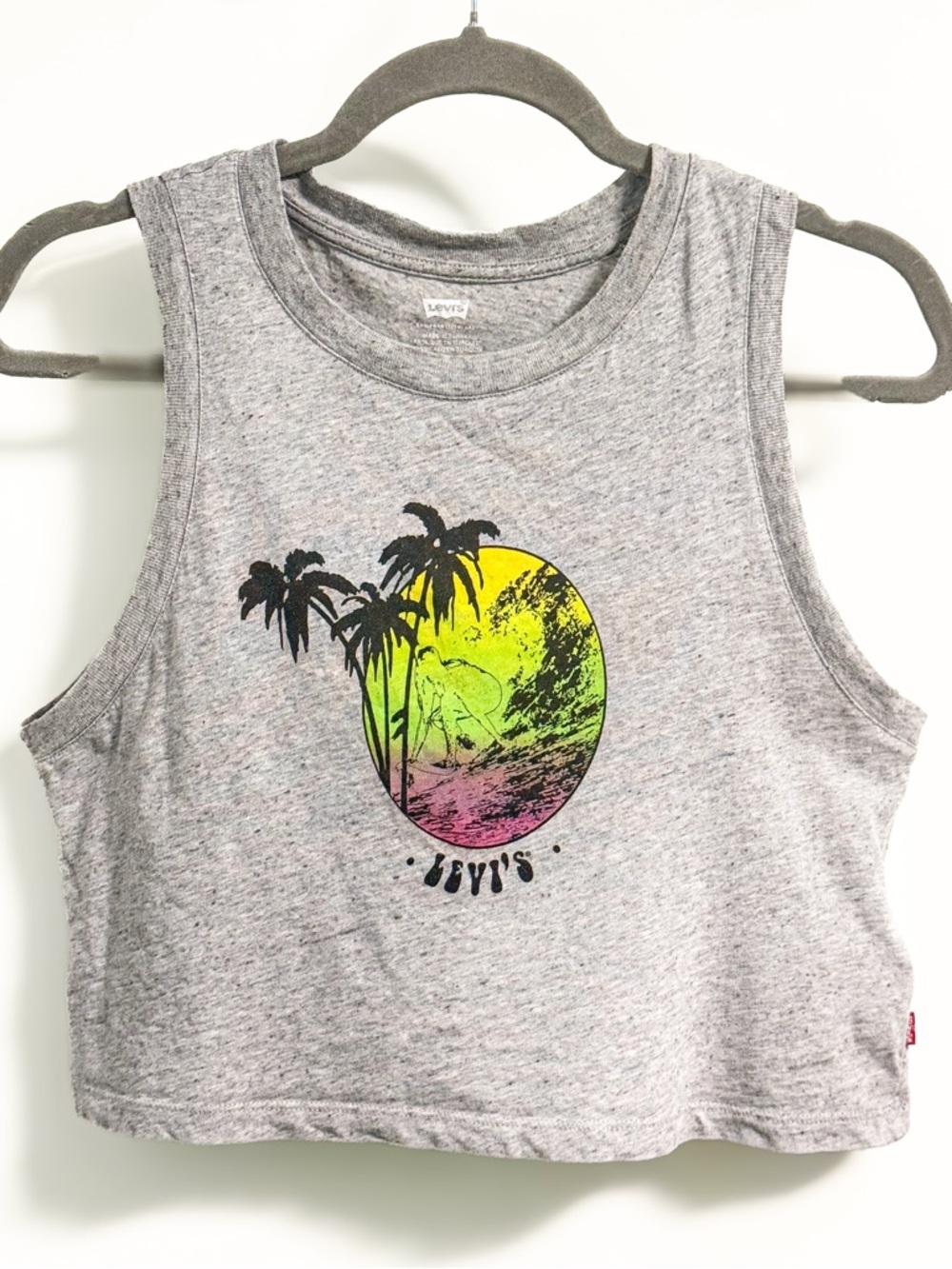 Levi’s Cropped Graphic Top Gray Palm Surf Sleeveless XS
